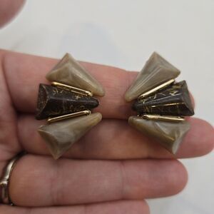 Vintage West Germany Brown & Gold Tone Mid Century Beaded Clip On Earrings
